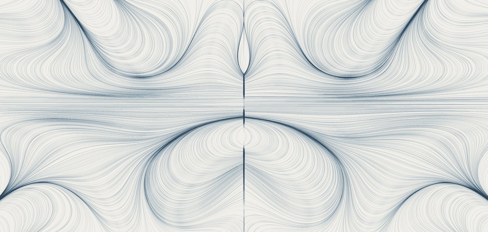 Two mirrored engraved currents holding a steady line through surrounding turbulence.